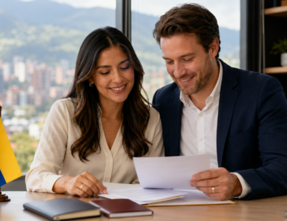 International married couple reviewing documents for a Colombia marriage visa in Medellín