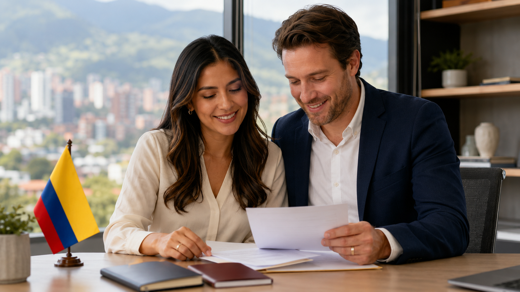 International married couple reviewing documents for a Colombia marriage visa in Medellín