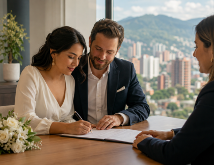 International couple signing their civil marriage deed before a notary in Medellín, Colombia