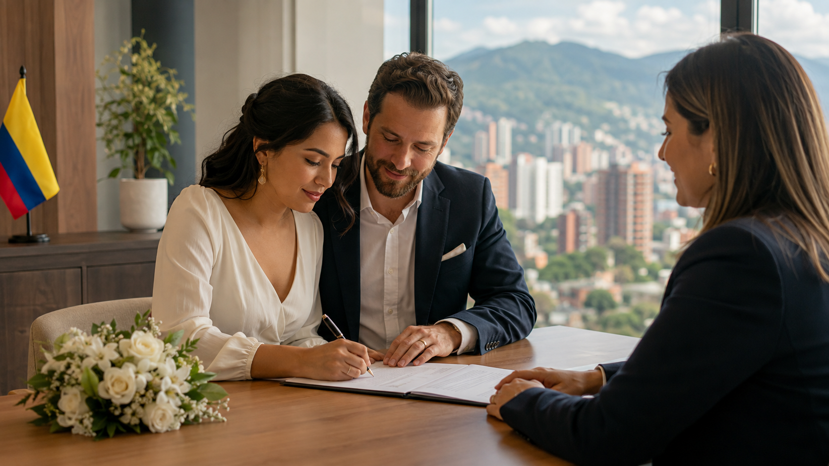 International couple signing their civil marriage deed before a notary in Medellín, Colombia