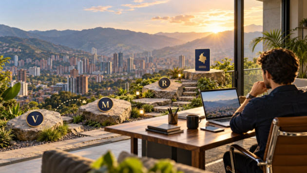 Digital nomad in Medellín viewing the V-to-M-to-R pathway toward Colombian residency and citizenship.