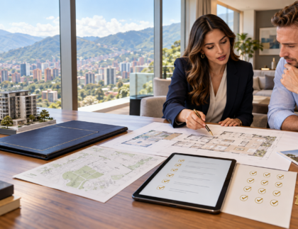 Colombian attorney and foreign buyer reviewing property plans and legal due diligence documents in Medellín.