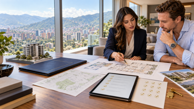 Colombian attorney and foreign buyer reviewing property plans and legal due diligence documents in Medellín.